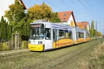 Straßenbahn Mainz / Mainzelbahn: Adtranz GT6M-ZR der MVG Mainz - Wagen 214, aufgenommen im Oktober 2018 in Mainz-Bretzenheim.