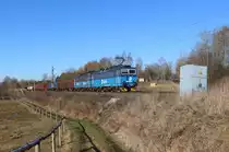 363 502 und 363 505 zu sehen am 15.02.19 mit einem leeren Holzzug in Chotikov.