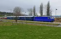 Wer nicht zur Stelle ist zur rechten Zeit, schie�t schnell, was noch �brig bleibt. Geplant war ein Landschaftsbahnbild, geworden ist es ein Haltestellenbahnbild. Von Weinfelden kommend f�hrt Re 456 111-4 der M-Rail AG mit den Wagen der Schweizerischen Speisewagen Gesellschaft (SSG) am 10.02.2019 an Triboltingen vorbei und �ber Romanshorn zur�ck nach Winterthur.