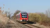 Vorbei an einem blühenden Haselnussstrauch kommt an einem sonnigen Februartag 648 331  Ascheberg  als RE 83 (21821) Lübeck - Lüneburg; kurz vor Lauenburg, 18.02.2019
