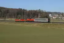 Überraschungszug bei Bollodingen vom 18. Februar 2019 bestehend aus zwei Re 420, einer Aem 940 sowie einem EW IV. Diese seltene Komposition wurde auf der Fahrt in Richtung Olten verewigt.
Foto: Walter Ruetsch
