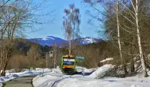 Nachschuss auf 650 650, der am 15.02.2019 Frauenau in Richtung Zwiesel verlässt, im Hintergrund der große Arber (1.456 m)