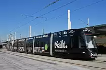 Be 6/8 Flexity 5041 mit der SALT Werbung, auf der Linie 3, wartet an der Endstation beim Bahnhof Saint Louis. Die Aufnahme stammt vom 16.02.2019.