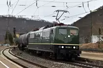 Am 10. Februar 2019 bespannte 151 038 von Bayern Bahn einen Kesselzug. Das Bild zeigt sie im  Bahnhof von Geislingen.