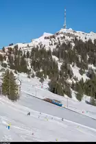ARB BDhe 2/4 7 von 1925 mit dem B 33 und dem Vorstellwagen 65 am 16. Februar 2019 auf Talfahrt unterhalb Rigi Staffel.
