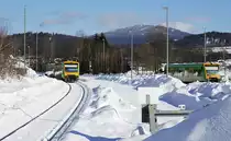 Am 13.02.2019 kommen 650 657 und ein weiterer 650 der Waldbahn auf der Fahrt von Bayerisch Eisenstein nach Plattling in Zwiesel an, rechts ist 650 656 als Verstärker abgestellt