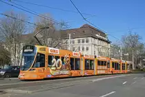 Be 6/10 Tango 182 mit der Werbung für 20 Jahre OBI in Basel, auf der Linie 10, fährt zur Haltestelle beim Bahnhof SBB. Die Aufnahme stammt vom 16.02.2019.
