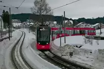 Fahrzeugwechsel bei den Appenzeller Bahnen - nachher#  Nach dem Wegfall des Zahnstangenabschnitts an der Ruckhalde durch den Bau des Ruckhaldetunnels und dem Bau der Durchmesserlinie in St. Gallen zur Durchbindung der Bahnstrecke von Appenzell nach Trogen befindet sich am 09.02.2019 ABe 8/12 4101 als S21 2152, Appenzell - Trogen, bei der Einfahrt in den Bahnhof von Gais.