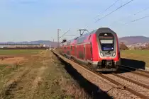 Am 25.02.2019 ist der Main-Neckar-Riedexpress als RE60 nach Mannheim zwischen Heddesheim und Ladenburg unterwegs.