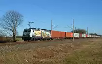386 020 führte am 16.02.19 einen Containerzug vorbei an Ruhlsdorf Richtung Wittenberg.
