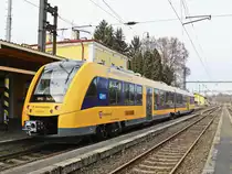 Ausfahrt 1 648 208 der Oberpfalzbahn nach Marktdrewitz am 24. Februar 2019 aus den Bahnhof Franzensbad (Tschechien).  


