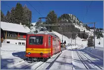 Der TPC BVB BDeh 2/4 25 bringt Skifahrer, einen Vorstellwagen und ein paar Eiszapfen auf den Col-de-Bretaye; hier wartet der Zug in Bouquetins auf den Gegenzug.

12. März 2019