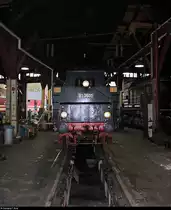 Hintere Ansicht von 50 3501 des Dampflokwerks Meiningen, die anlässlich des Sommerfests unter dem Motto  Diesellokomotiven der ehemaligen DR  im Ringlokschuppen des DB Musems Halle (Saale) steht.
[25.8.2018 | 12:55 Uhr]