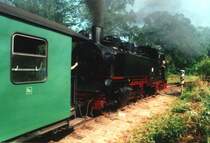 Der Zug in Richtung G�hren steht abfahrbereit in Sellin Ost.
Datum: 12.07.1999