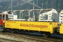 RhB - B� 2091 am 07.09.1994 in Samedan - 2. Klasse offener Aussichtswagen 2-achsig mit Lenkachsen und 1 offenen Plattform - Baujahr 1908 �bernahme 12.06.1981- SIG/RhB - Gewicht 6,00t - Sitzpl�tze 36 - L�P 8,94m - zul�ssige Geschwindigkeit 60 km/h - �2=31.01.1992 - RhB - Logo in deutsch, mit Anschriftenfeld, mit Kennzeichnung an den Ecken - Lebenslauf: ex BB L 301 - 1929 M 407 - 1943 RhB M 7125 - 1969 Kkl 7125 - 12.06.1981 B� 2091.
