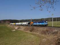 Die 383 007 mit einem Güterzug am 23.03.2019 unterwegs bei Deutsch-Hörschlag.