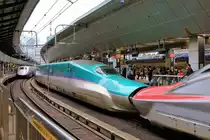Zug H5 Nr.1 des Hokkaidô Shinkansen ist gerade in Tokyo eingefahren, gekuppelt mit einem Zug E6 des Akita Shinkansen, mit dem er sich in Morioka oben vereinigt hat (29.März 2019). Zum  Vergleich: 1971 benötigte man für die Strecke Tokyo - Hakodate (die unterste Stadt auf der Insel Hokkaidô) etwa 14 Stunden, wovon über 4 Stunden für das Einschiffen und die Fahrt mit der Hochseefähre Aomori - Hakodate. 1986 waren es noch 10 Stunden, weiterhin mit den über 4 Stunden für die Fähre; immernoch fuhren viele Leute mit dem Schlafwagen Tokyo - Aomori (was 3 bis 4 Stunden länger dauerte). Heute benötigt man mit dem Shinkansen noch 4 Stunden insgesamt, und die Hochseefähre ist Vergangenheit. 