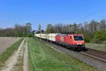 189 801 mit dem Warsteiner-KLV am 16.04.2019 bei Woltorf. 