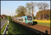 ET 4.03 der Eurobahn ist hier zwischen Velpe und Laggenbeck am 20.4.2019 um 19.24 Uhr in Richtung Rheine unterwegs.