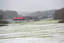 185 266 mit einem gemischten Güterzug bei Edlhausen Richtung Regensburg, 22.11.2018