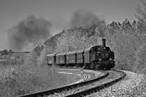Am Ostersamstag veranstaltete der Martinsberger Lokalbahnverein drei Pendelfahrten zwischen Zwettl und Waldhausen.
Zur Abwechslung ein Schwarzweißbild. Es zeit den Mittagszug kurz nach der Ausfahrt aus Zwettl und dem Überqueren des mächtigen Viadukts. Die drei Windräder im Hintergrund links wurden wegretuschiert. (20.04.2019)