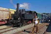 Am Ostersamstag veranstaltete der Martinsberger Lokalbahnverein drei Pendelfahrten zwischen Zwettl und Waldhausen. In Waldhausen angekommen lief mir der Osterhase über den Weg. Im Hintergrund die 92.2271. (20.04.2019)