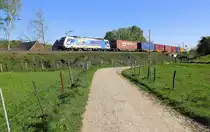 186 297-8  Aachen  von der Rurtalbahn-Cargo kommt aus Richtung Aachen-West und fährt die Gemmenicher-Rampe hoch mit einem langen KLV-Containerzug aus Frankfurt-Höchstadt am Main(D) nach Genk-Goederen(B) und fährt gleich in den Gemmenicher-Tunnel hinein. 
Aufgenommen von einem Weg in Reinartzkehl.
Bei schönem Frühlingswetter am Morgen vom 20.4.2019. 