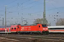 DB Lok 146 222-5 fährt beim badischen Bahnhof ein. Die Aufnahme stammt vom 19.02.2019.