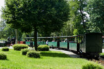 06.08.2017, Ein friedliches Bild vom Bahnhof Weißwasser Teichstraße. Der Zug von Bad Muskau, bespannt mit der Lok 99 3315, fährt ein.