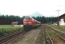 218 229 f�hrt mit einem RE von Oberstdorf nach Ulm am 18.8.03 in den kleinen Bahnhof Langenwang im Allg�u ein.