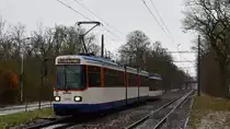 Triebwagen 9115 der Straßenbahn Darmstadt erreicht auf dem Weg nach Griesheim die Haltestelle Waldfriedhof. Aufgenommen am 26.1.2019 9:39