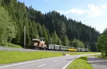 Schweiz: RhB Ge 6/6 1 414 Rhätisches Krokodil genannt der Rhätischen Bahn auf Notalgiefahrt in von Filisur in Davos Monstein nach Davos Platz 29.08.2018