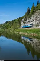 X2816 der Association l'autorail X2800 du Haut-Doubs am 1. Juni 2019 zwischen Gilley und Morteau. <br>
Anmerkung: Der farblich unpassende Beiwagen wurde in Photoshop entfernt.