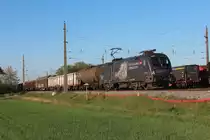 In der letzten Abendsonne des 19.4.2019 steht die 1116 158  Licht ins Dunkel  im Bahnhof Wampersdorf und holt hier den abgespannten G54507.