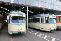 VGF Düwag N-Wagen 112 und O-Wagen 110 mit dem Ziel Berkersheim am 16.06.19 in BB Gutleut zur 100 Jahre Feier dieses Betriebshofes in Frankfurt am Main 
