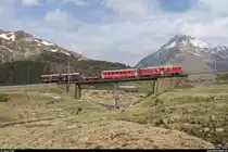 GV Club 1889 in Le Prese am 15. Juni 2019. Zu diesem Anlass wurden ab Pontresina zwei historische Extrazüge geführt. Der erste Zug bestand aus dem ABe 4/4 II 46 mit einem GmP und wurde als Fotozug mit Fotohalten auf der Strecke geführt.<br>
Auch die obere Berninabachbrücke auf der Alp Bondo ist eine klassische Berninabahn-Fotostelle.