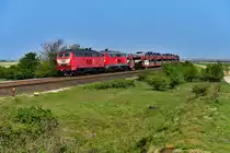 Seit einiger Zeit werden von Niebüll aus aufgrund akutem Lokmangels diverse Leihloks eingesetzt. Neben 218-er diverser anderer Dienststellen der DB kommen auch Maschinen der RP Railsystems GmbH zum Einsatz. Am 29. April 2019 konnte ich bei Morsum auf Sylt die orientrote 218 402 vor ihrer verkehrsroten Schwester 488 vor einem Sylt Shuttle dokumentieren.  