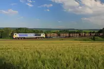 Am 13.06.2013 zieht eine unbekannte Voith Maxima 40 CC einen Holzganzzug zwischen Öhringen und Neuenstein über die Hohenlohebahn. 