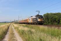 182 523 mit einem Flixtrain-Zug fotografiert bei Nörten-Hardenberg am 25.06.2019