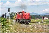 Zumeist rollen über die Westschleife des Bahnhofs Wettmanstätten nur Züge die gedreht werden müssen. 
Offensichtlich auch an diesem 2.07.2019. 
DH 1700.1 mit einer Stopfmaschine und der zugehörigen Schotterbewirtschaftung. 