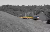 Am 29.08.2017 zieht 193 866 einen leeren Aushubzug in Richtung Baustelle am Stuttgarter Nordbahnhof. Die Aufnahme entstand zwischen Gaildorf und Fichtenberg. 