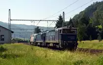 753 740 rollte mit 753 719 und 753 612 am 12.06.19 durch Dobkovice Richtung Decin.