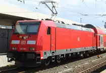 Nachschuss von der Schublok 146 280-3, die einen RE6 nach Köln/Bonn Flughafen schob, hier am 08.06.19 bei der Einfahrt in den Duisburger Hauptbahnhof.