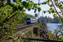 223 015 mit dem Alex auf dem Weg ins Allgäu. Auf dem Bahndamm Lindau. 1.5.19
