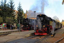 Kaum hat 99 234 am 20.10.2018 Gleis 1 im Bahnhof Drei Annen Hohne freigemacht, läuft auch schon 99 7247 mit P8931 mit Ziel Brocken ein.