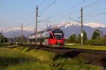 4024 107-7 auf der Vorarlbergbahn gen Dornbirn geschoben. Vor beeindruckender Schneekulisse des Säntis und Hohen Kastens. Am 14.5.19 liegt dort oben noch viel Schnee