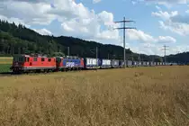 Während den letzten Tagen rar geworden sind die Re 620 bzw. Re 6/6 Lokomotiven im Güterverkehr von SBB CARGO. Da zur Zeit über zwanzig dieser fotogenen Lokomotiven abgestellt worden sind, kommen sie wenigstens in meiner BB.de Fotoserie vom 25. Juli 2019 nicht zu kurz, weil ich diese Kraftpakete mit 10 600 PS auch immer wieder sehr gerne fotografiere.
In Betrieb genommen wurden sie in den Jahren 1972 bis 1977. Langsam aber sicher werden sie nach und nach durch Vectrons ersetzt.
Re 10/10 unterwegs in den Norden bei Bollodingen am 7. Juli 2019. Eingereiht ist die Re 620 062  Reuchenette-Péry .
Foto: Walter Ruetsch  