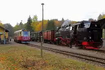 Planhalt von Triebwagen 187 019 als Planzug P 8916 (Hasselfelde - Harzgerode) am 20.10.2018 im Haltepunkt Silberhütte/Anhalt. Wenn er den Bahnhof verlassen und die nächste Blockstelle erreicht hat, endet auch die Pause des Lokpersonals von 99 234, welche mit ihrem IG HSB-Sonder-PmG dann die Fahrt in Richtung Gernrode fortsetzen wird.