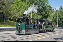 Betriebstag BERNMOBIL historique am 23. Juni 2019.<br>
Dampftramlok G 3/3 12 mit Anhänger C4 31 in der Steigung vom Eigerplatz Richtung Beaumont.