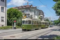 Betriebstag BERNMOBIL historique am 23. Juni 2019.<br>
Standardwagen Be 4/4 621 und Anhänger B 337 an der Haltestelle Beaumont unterwegs Richtung Wabern.